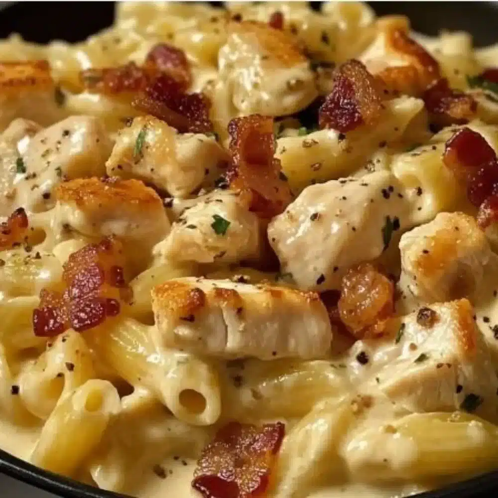 Creamy chicken bacon ranch pasta dish topped with crispy bacon and herbs.