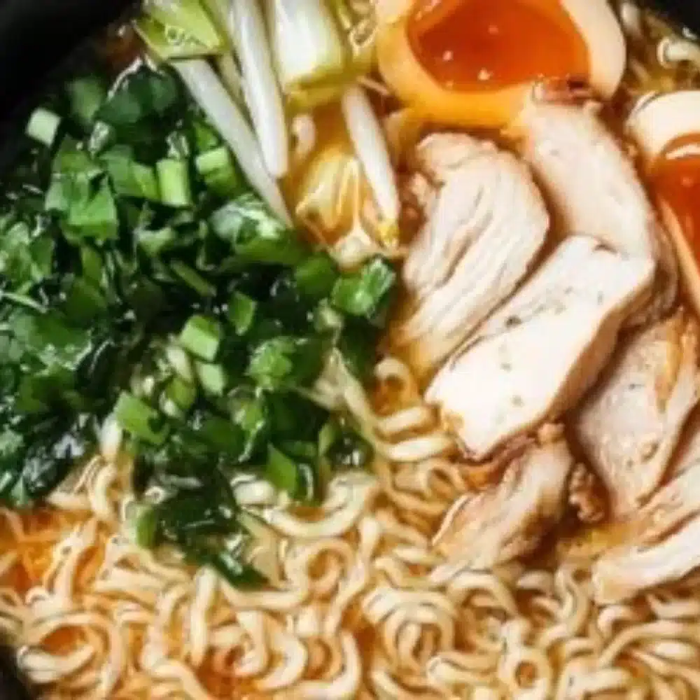Delicious Chicken Ramen Noodle bowl with tender chicken and vibrant vegetables.