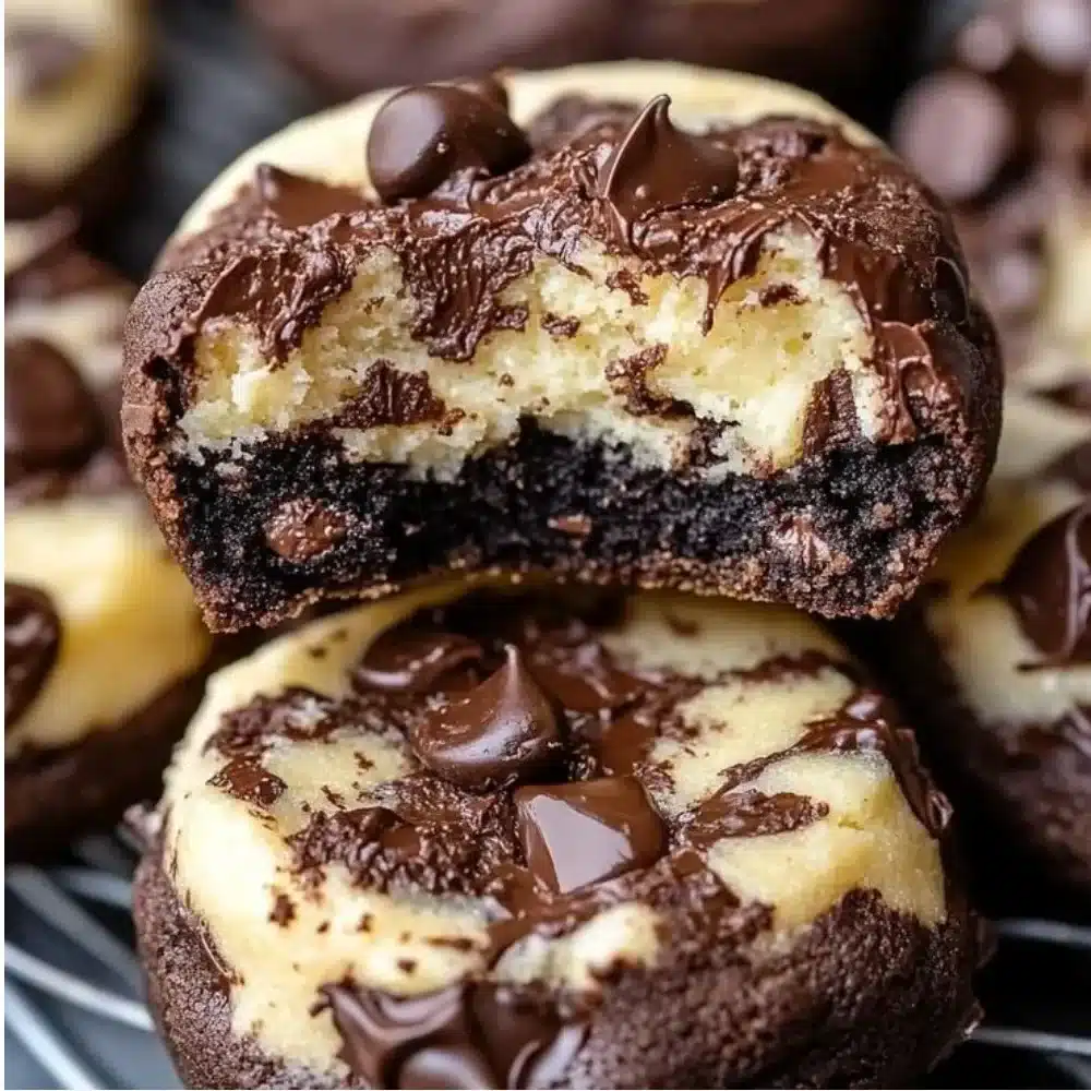 Choco cheesecake cookie bites with chocolate drizzles and a creamy cheesecake center.