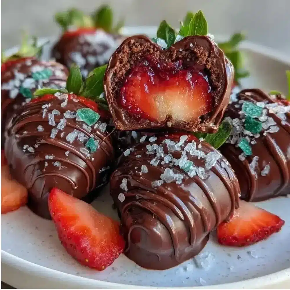 Delicious chocolate-covered strawberry heart truffles arranged beautifully.
