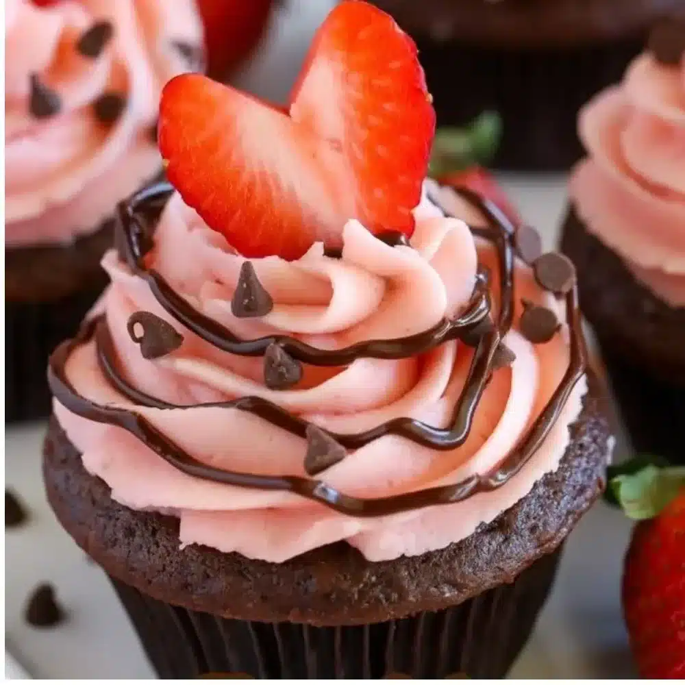 Chocolate dipped strawberry cupcakes with fresh strawberries on top