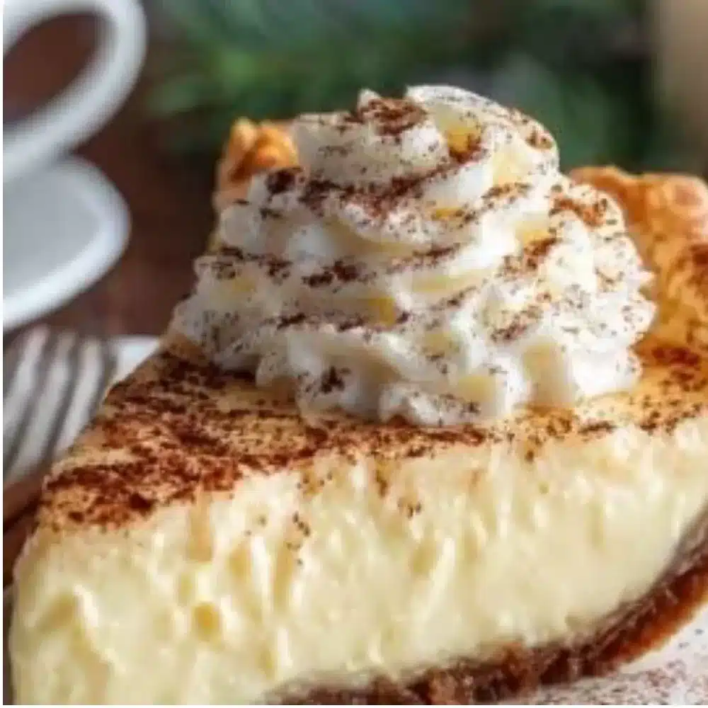 A decadent Cinnamon-Vanilla Custard Pie garnished for Christmas Eve dessert.