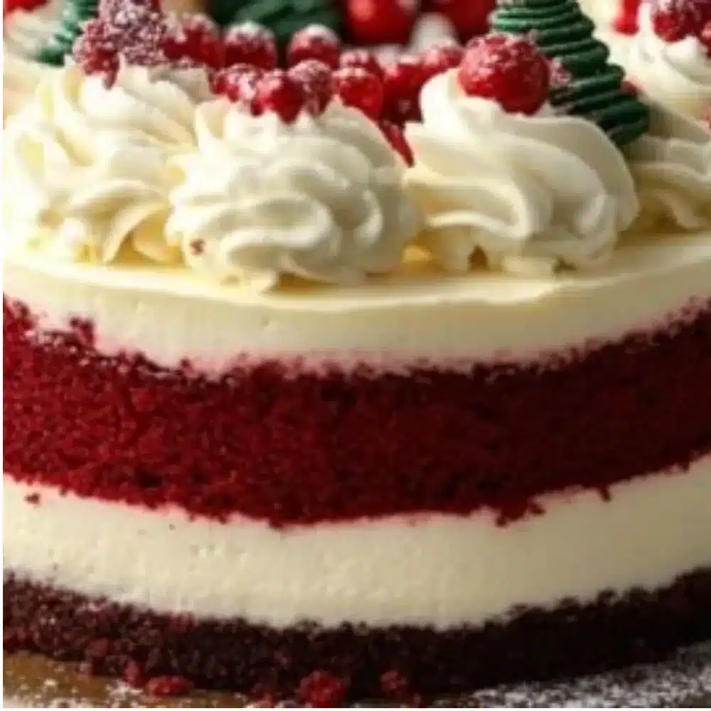 Delicious Christmas Red Velvet Cheesecake served on a festive table