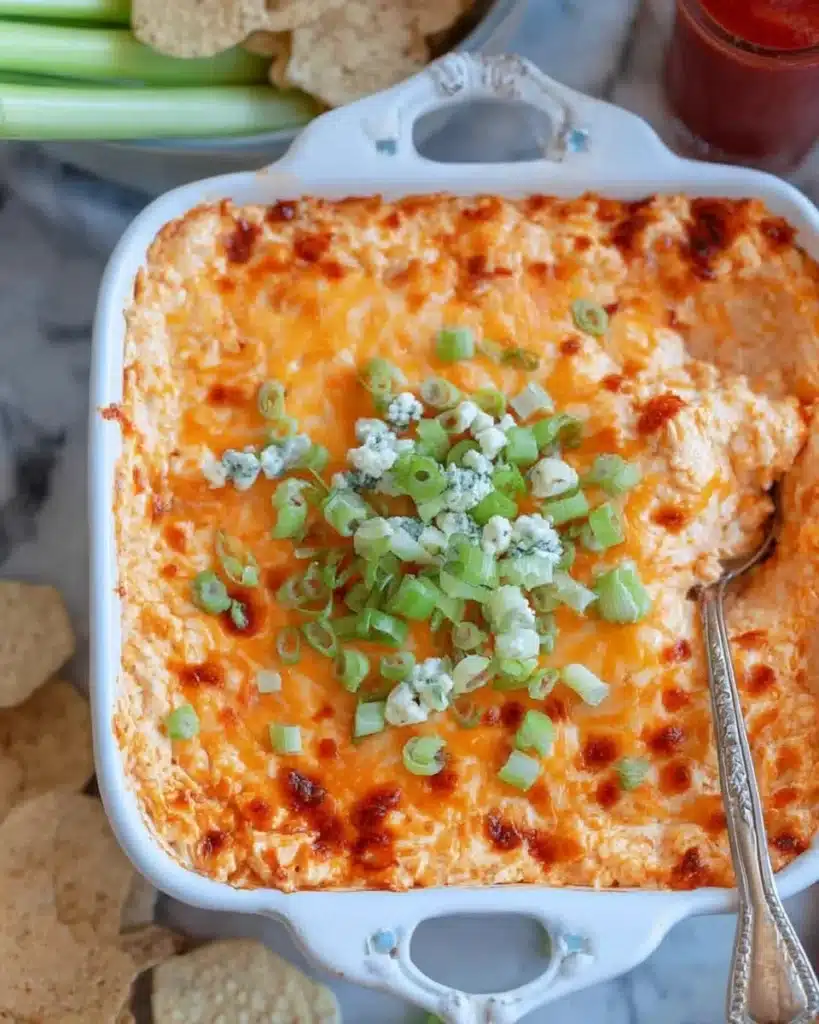 Creamy Cottage Cheese Buffalo Chicken Dip in a serving bowl