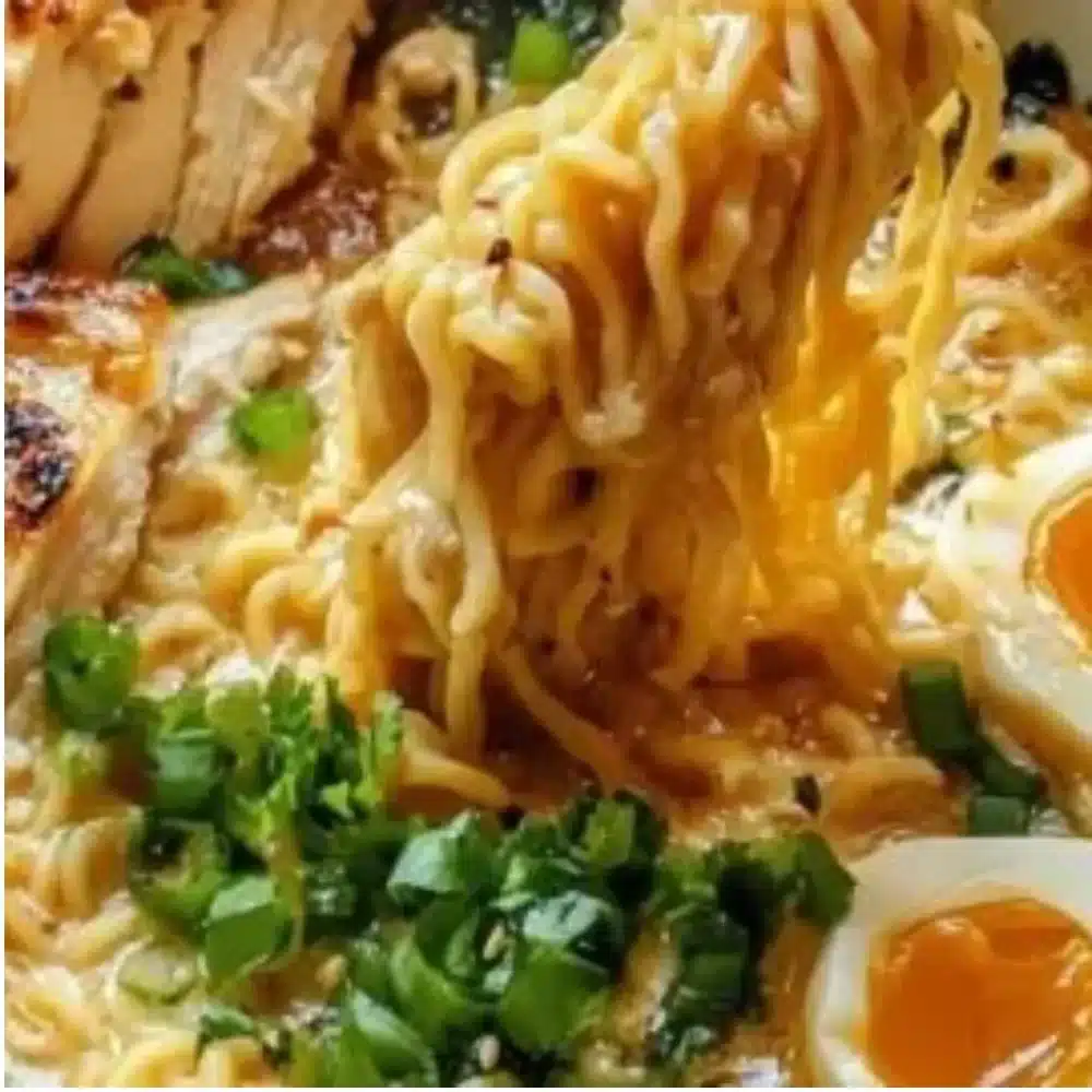 Delicious creamy cheesy chicken ramen served in a bowl.