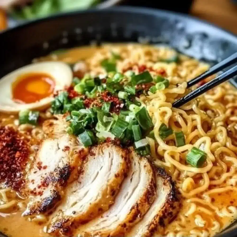 Creamy garlic chicken ramen bowl with chicken, noodles, and garnishes