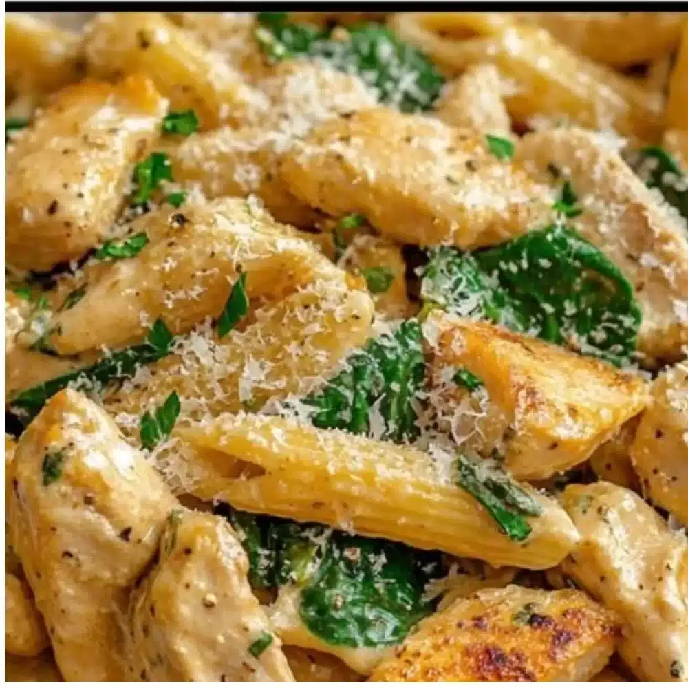 Creamy Garlic Parmesan Chicken Pasta with fresh herbs and grated cheese