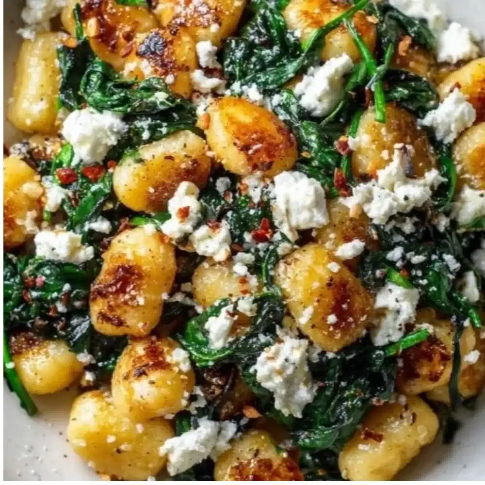 Creamy gnocchi served with spinach and feta cheese.