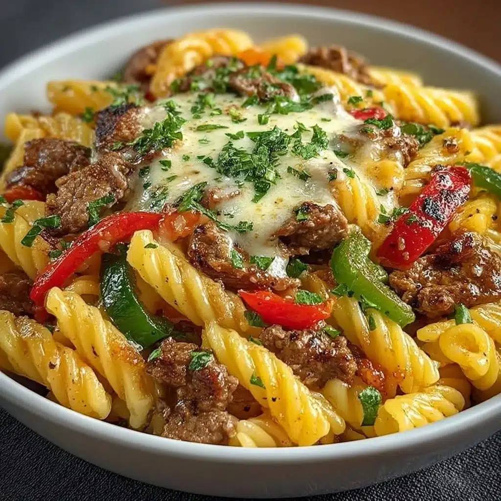 Delicious creamy Philly Cheesesteak Pasta in a bowl, garnished with parsley.
