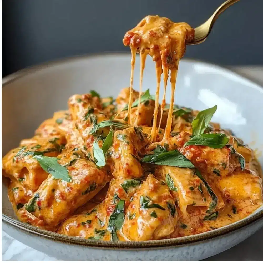 Creamy tomato garlic pasta garnished with fresh herbs in a bowl