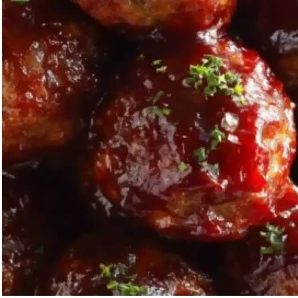 Crockpot BBQ meatballs served in a bowl with sauce and garnish