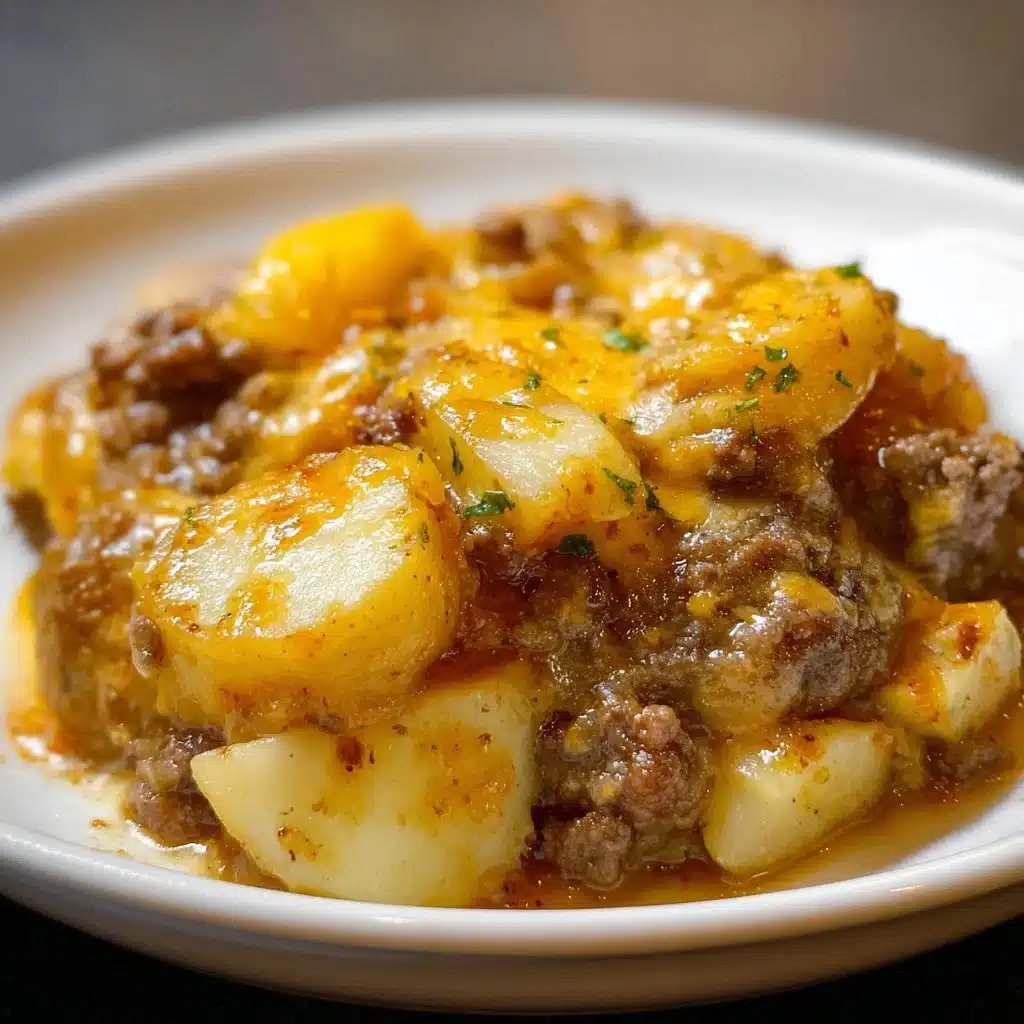 Crockpot hamburger potato casserole served in a bowl with a spoon