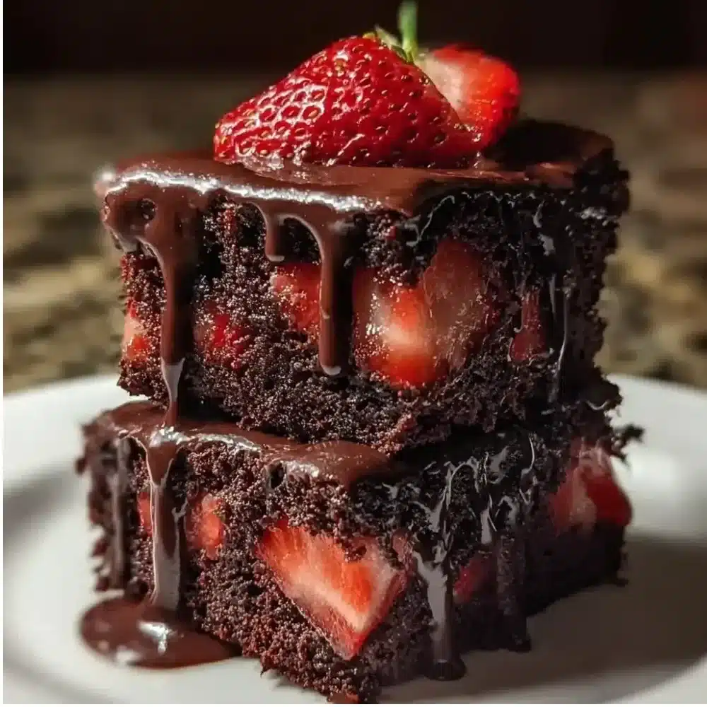 Decadent chocolate covered strawberry brownies on a serving plate