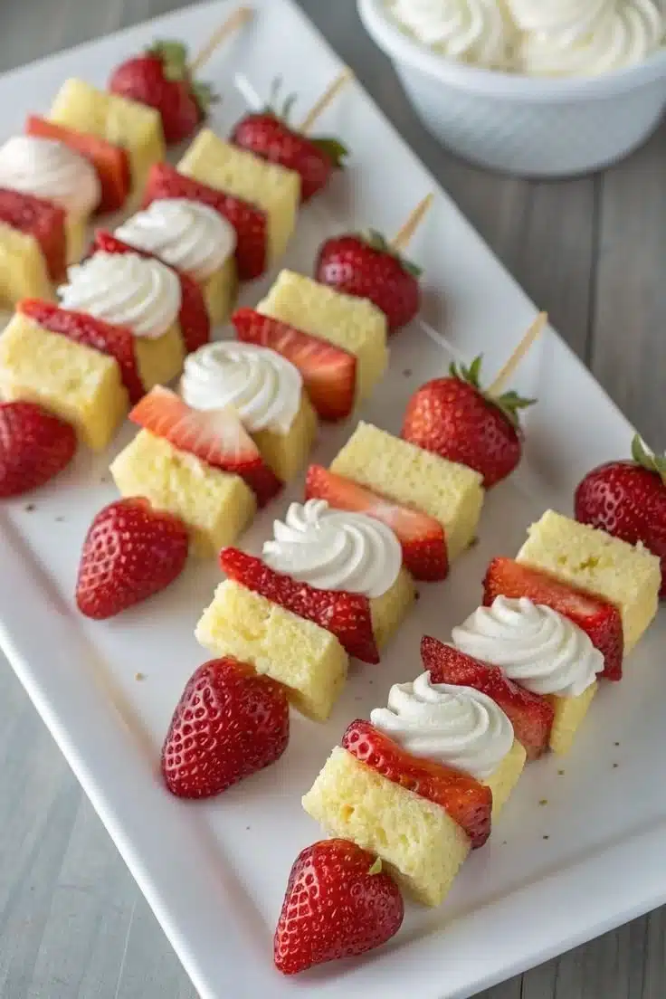 Strawberry shortcake kabobs with strawberries and cake chunks on skewers