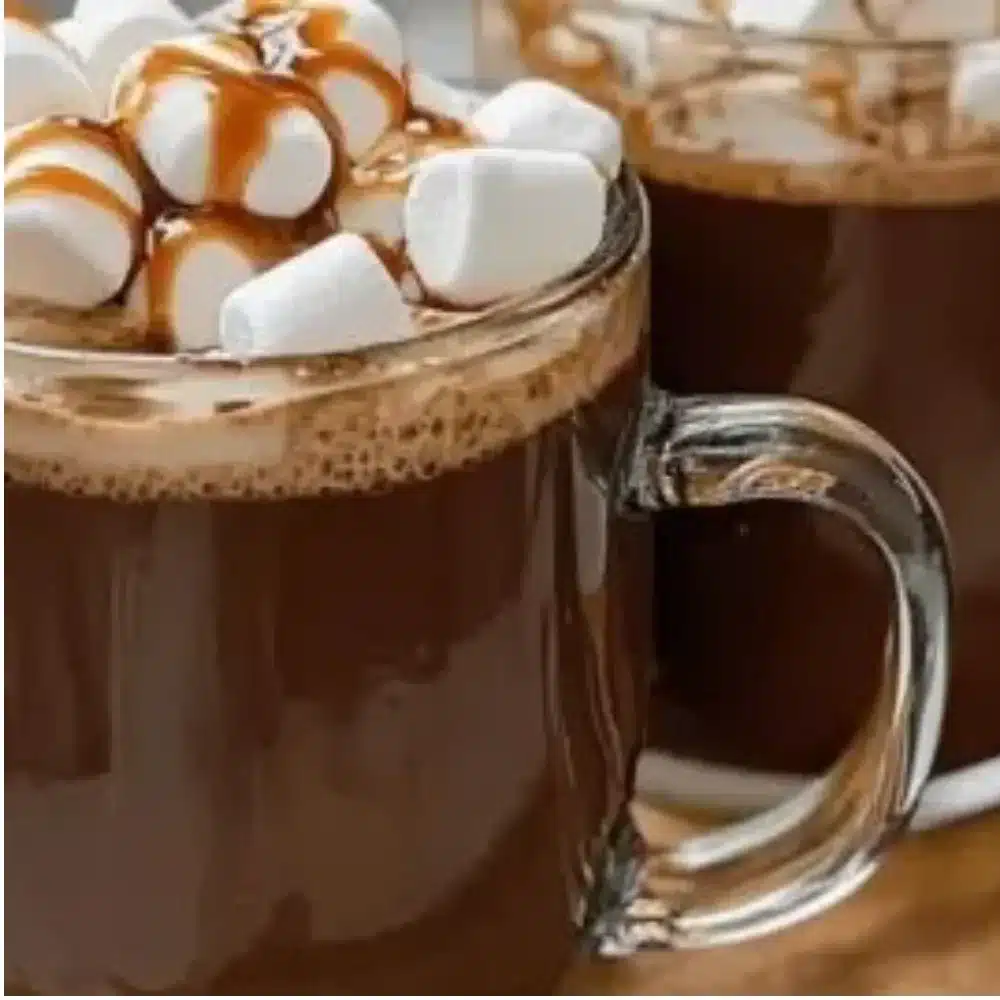 Cup of creamy homemade hot chocolate topped with whipped cream and chocolate shavings