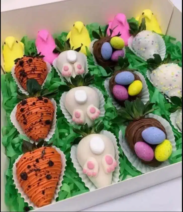 Easter chocolate covered strawberries decorated with pastel sprinkles