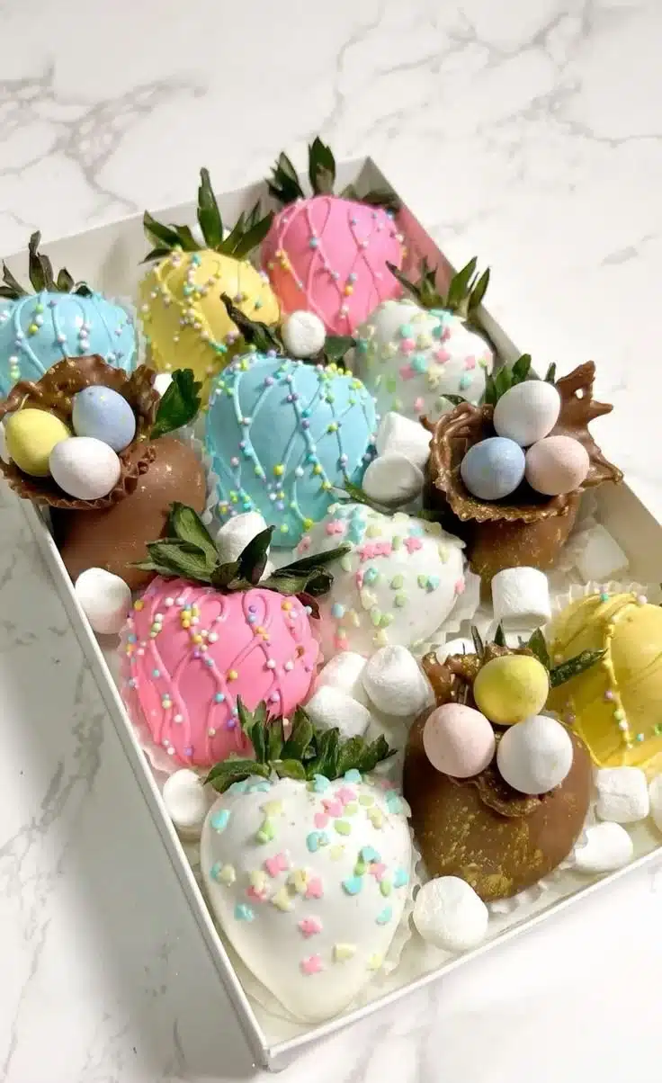 Easter themed chocolate covered strawberries decorated with festive colors