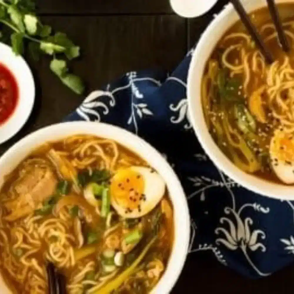 Bowl of easy chicken ramen with chicken, vegetables, and broth
