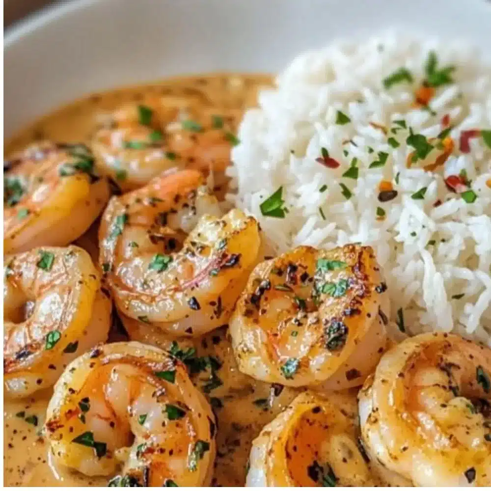 Plate of easy creamy garlic shrimp with parsley and lemon garnish