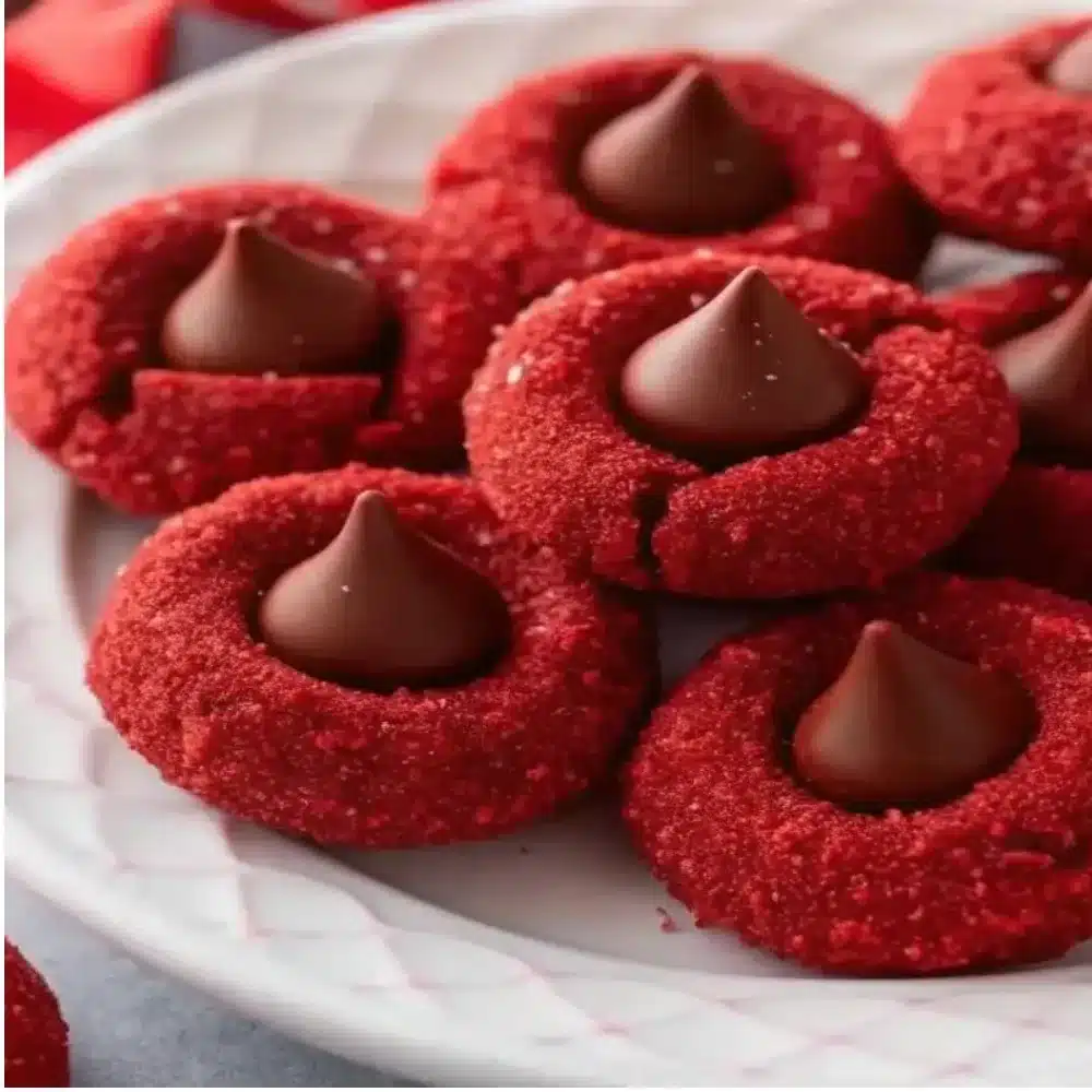 Delicious red velvet blossoms cookies topped with Hershey's chocolate kisses