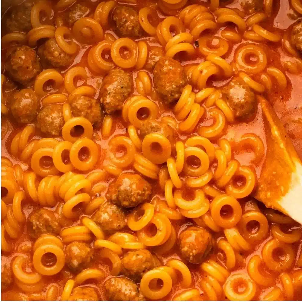 Delicious homemade Spaghetti O's with meatballs served in a bowl