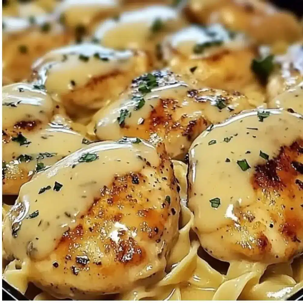 Easy one-pan chicken dish served with buttered noodles