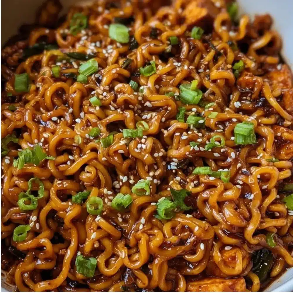A bowl of easy saucy ramen noodles topped with fresh vegetables and herbs
