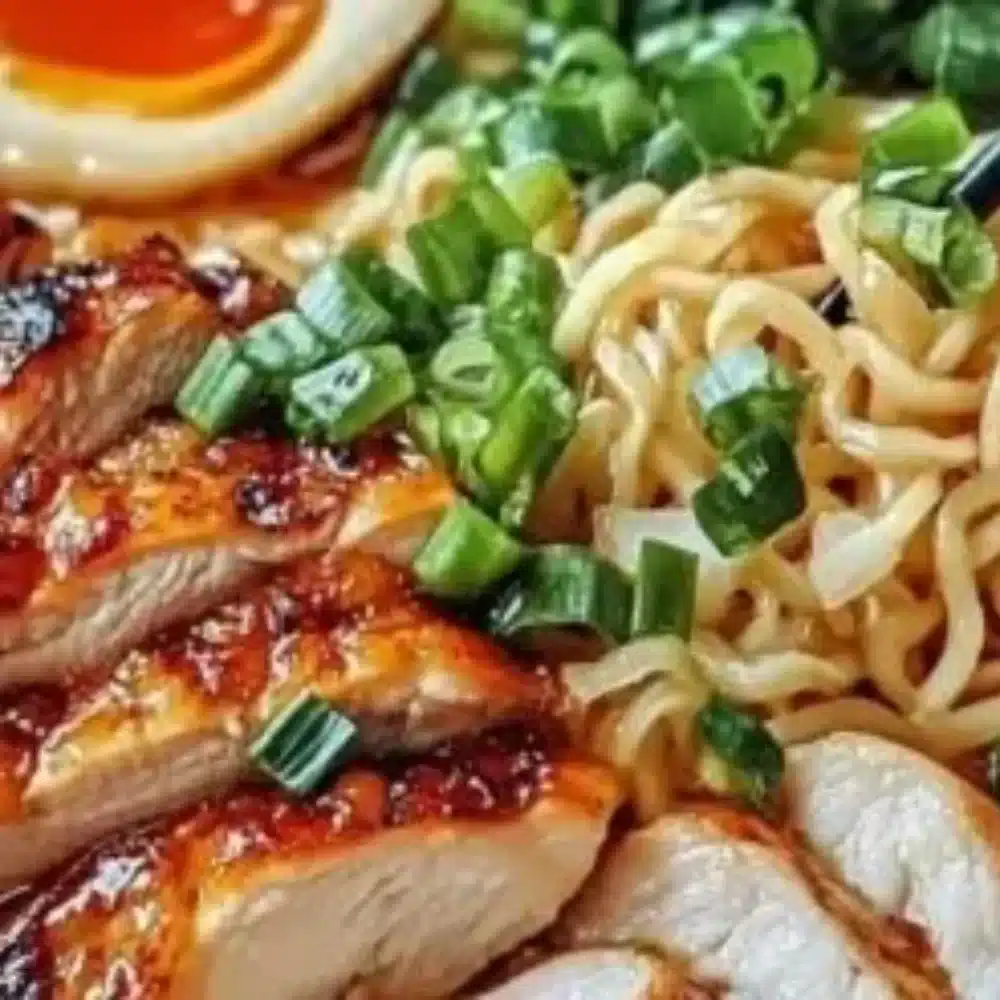 Bowl of fiery chicken ramen topped with fresh herbs and chili flakes