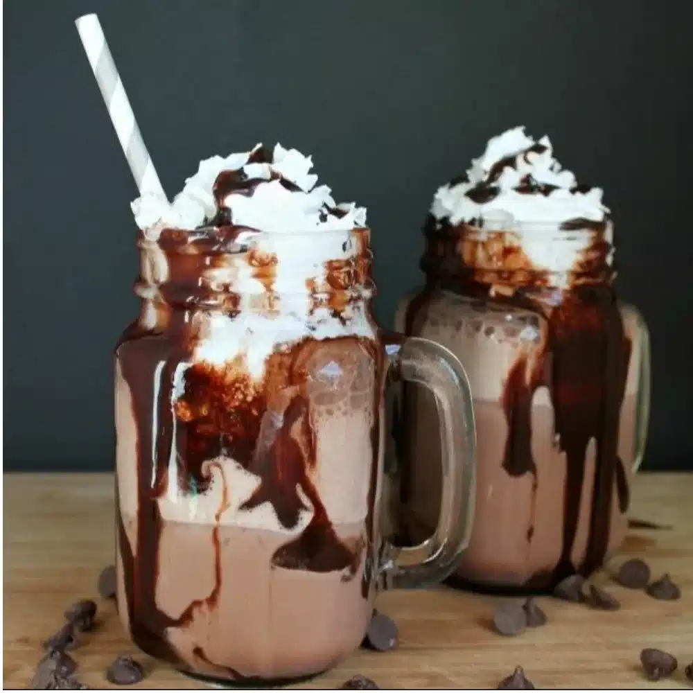 Delicious frozen hot chocolate topped with whipped cream and chocolate shavings