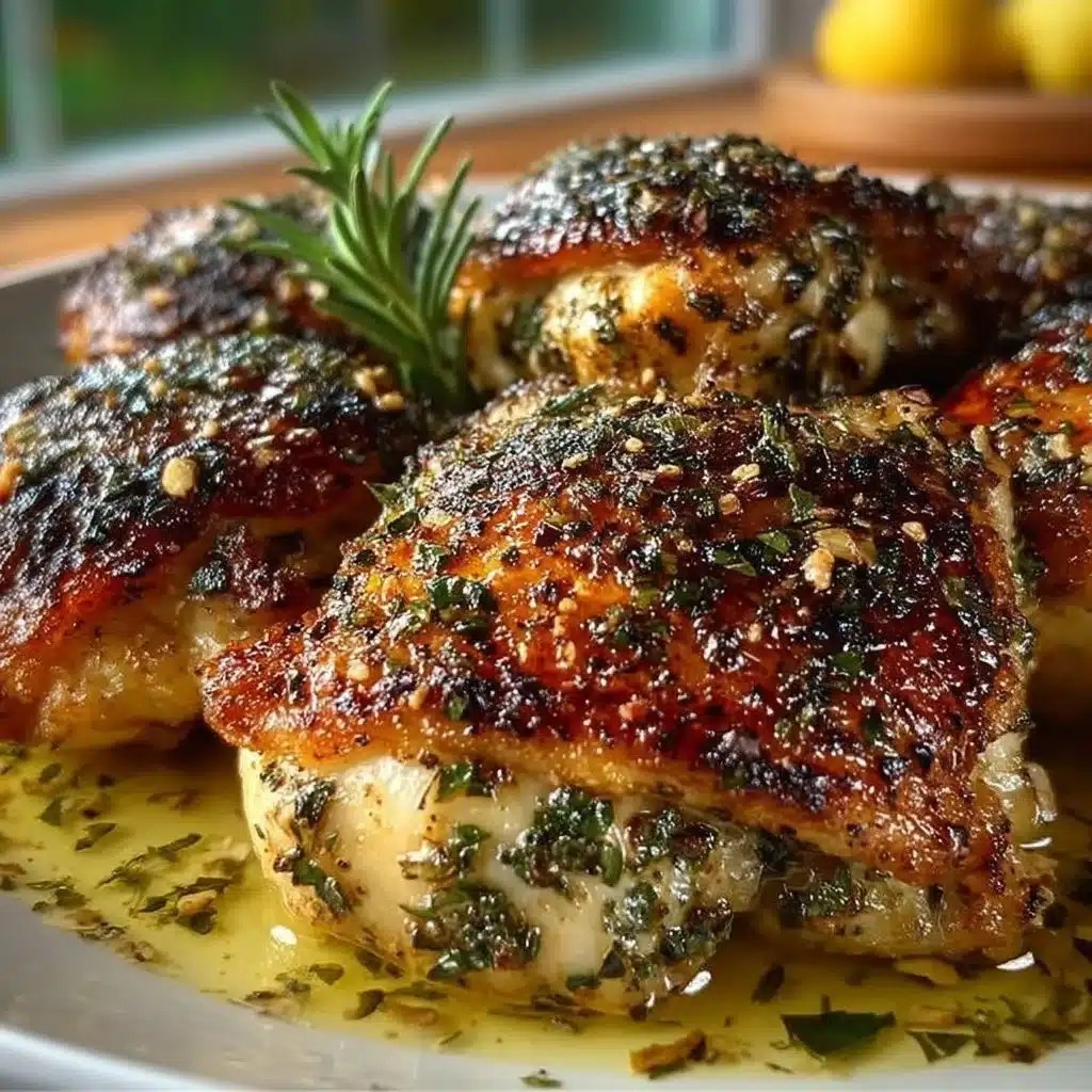 Garlic Herb Chicken Thighs garnished with herbs and spices, served on a plate.