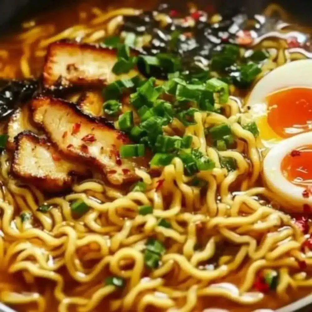 Delicious bowl of Gordon Ramsay-style ramen with fresh ingredients and rich broth