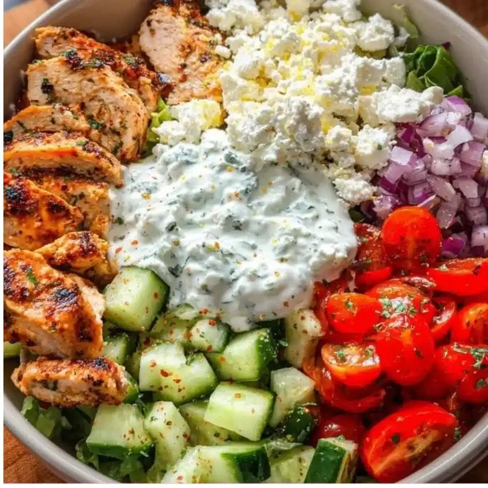 Delicious Greek Chicken Bowls with fresh vegetables and flavorful seasoning