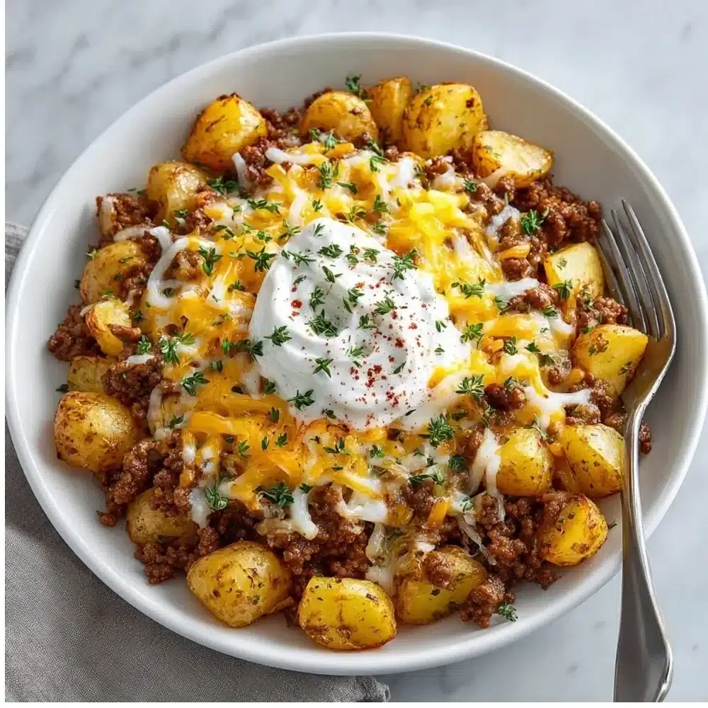 Delicious ground beef and potatoes casserole ready to serve.