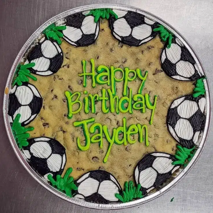 Happy Birthday Jayden Cookie Cake with Soccer Ball Decorations