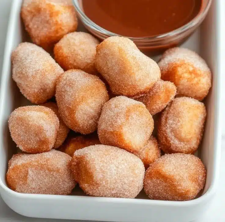Healthy air fryer churro bites served on a plate dusted with cinnamon sugar