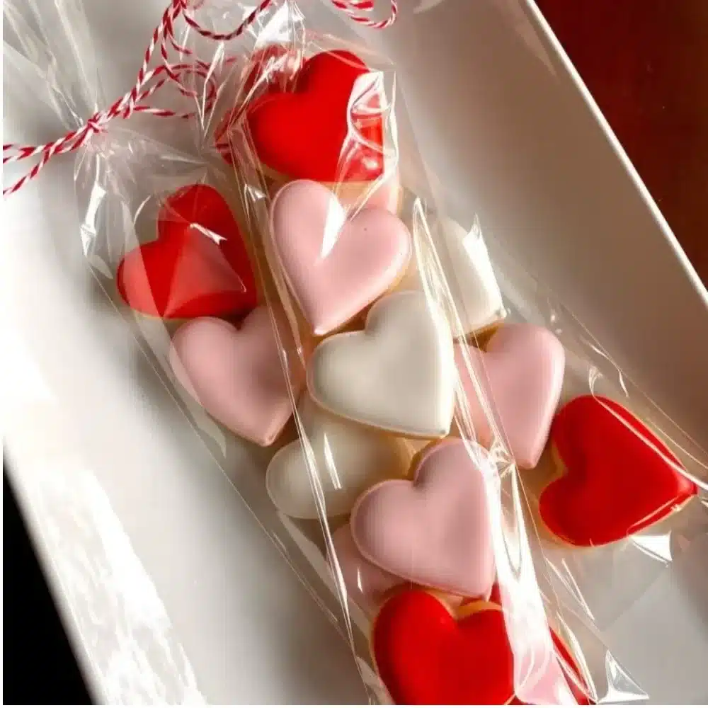 Assorted heart cookies decorated for Valentine's Day and special occasions.