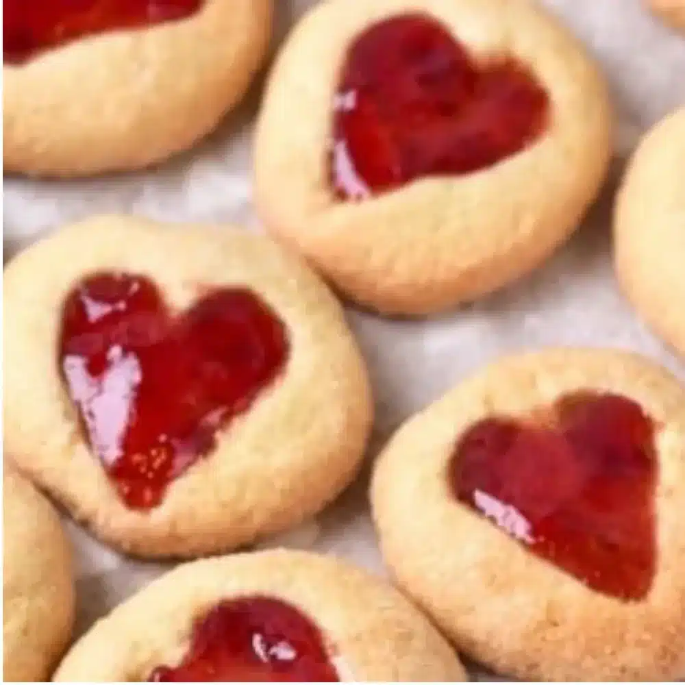 Delicious heart print cookies decorated with frosting and sprinkles.