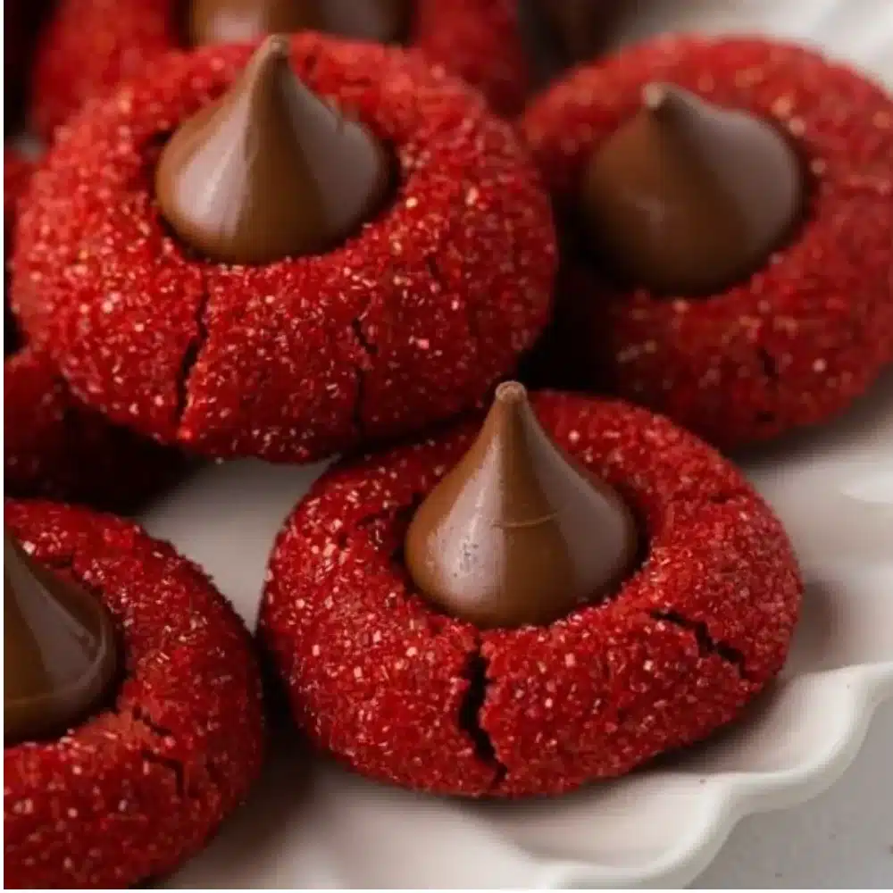Hershey's Red Velvet Blossoms cookies topped with chocolate kisses.