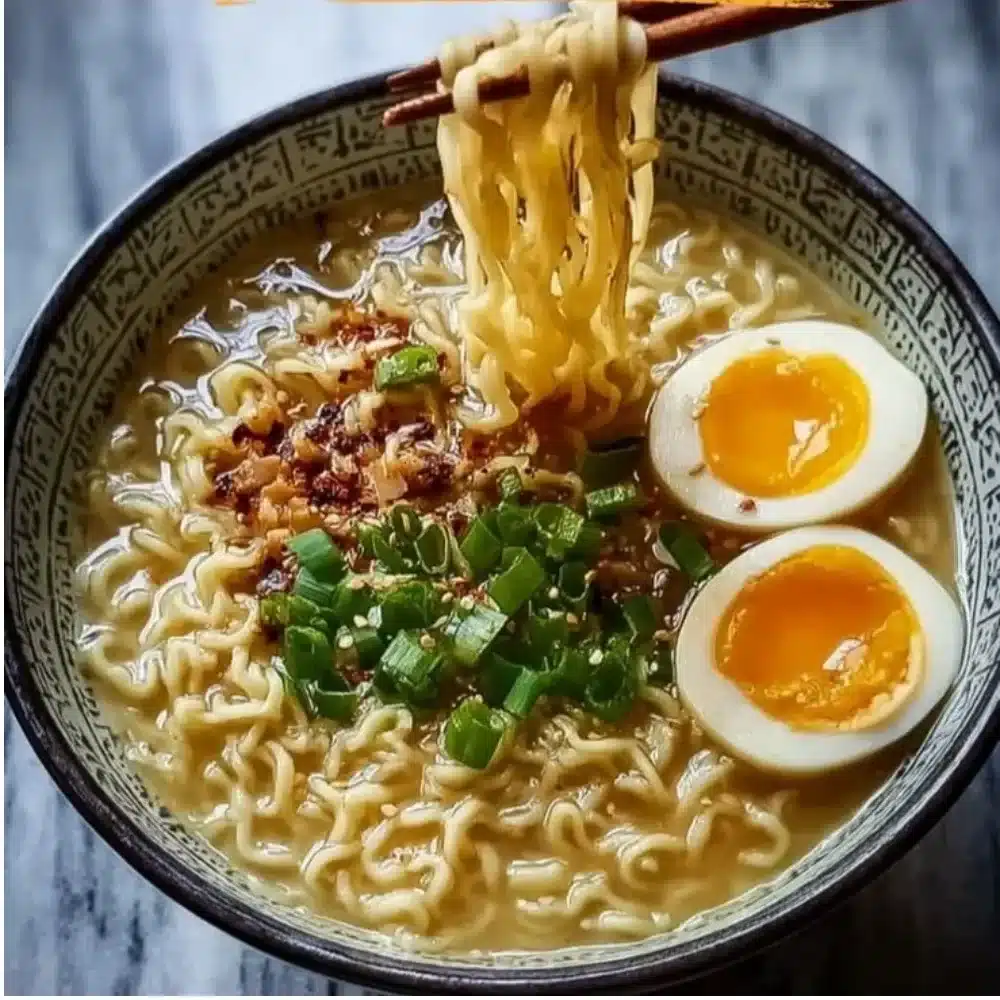 Easy high protein ramen noodle soup garnished with fresh vegetables.