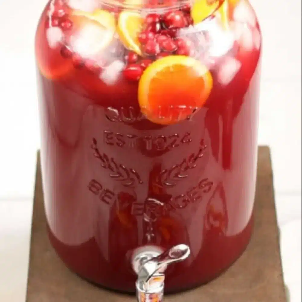 A festive bowl of holiday punch with colorful fruits and spices.