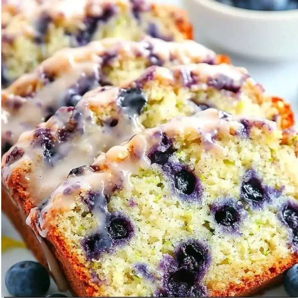 Slices of homemade blueberry zucchini bread with lemon glaze on a plate