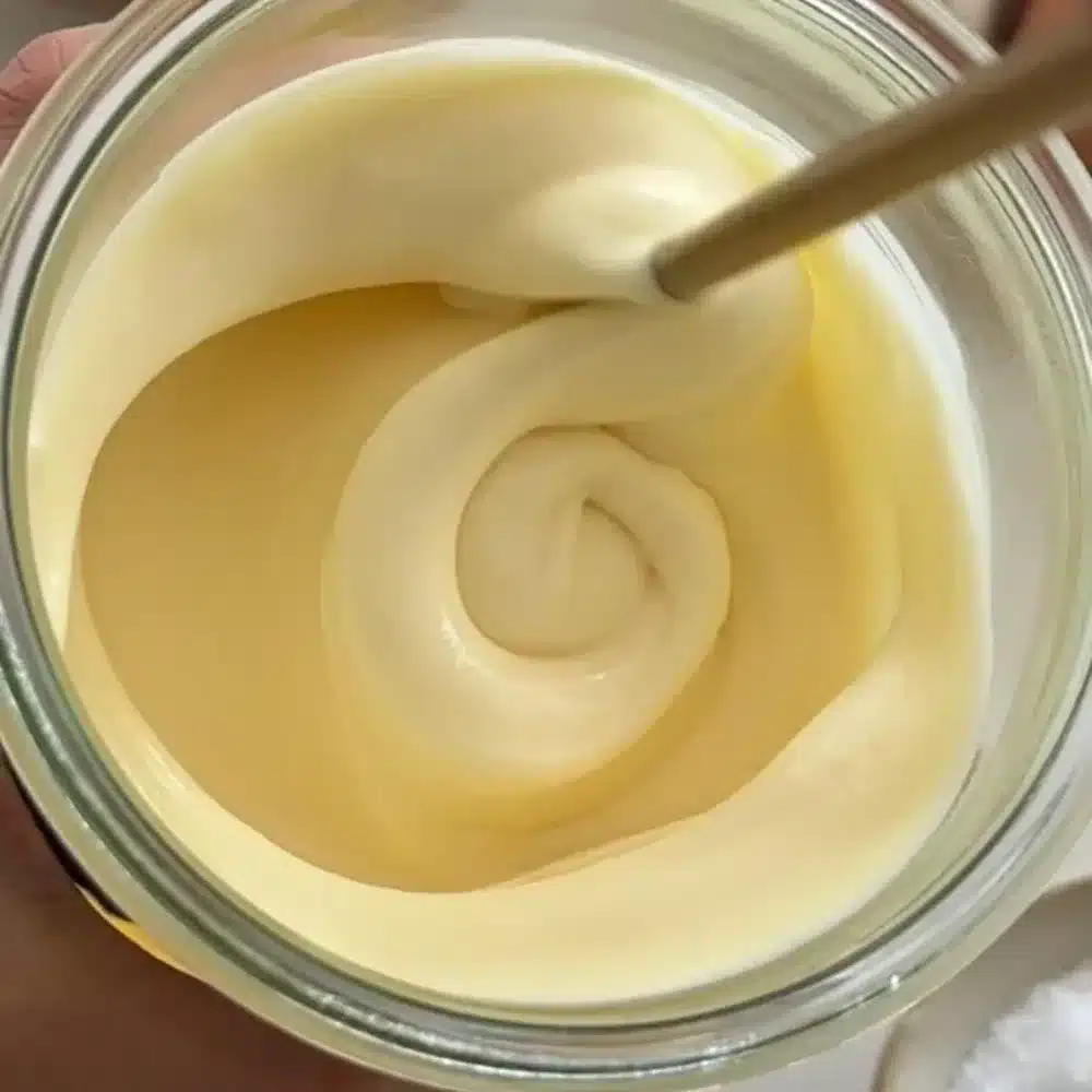 A jar of homemade ketchup and mayonnaise on a kitchen counter