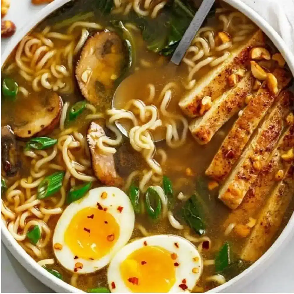 Bowl of homemade ramen topped with fresh vegetables and soft-boiled egg