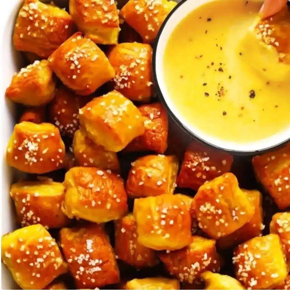 Plate of homemade soft pretzel bites with dipping sauce on the side
