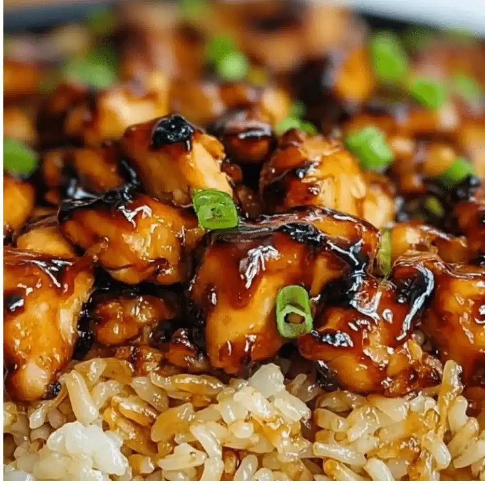 Honey BBQ Chicken served over rice with garnishes