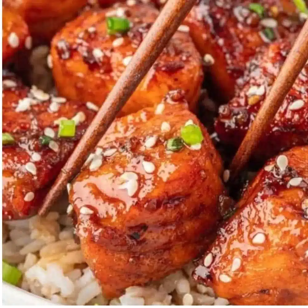 Honey Garlic Salmon Bites served on a platter with garnish