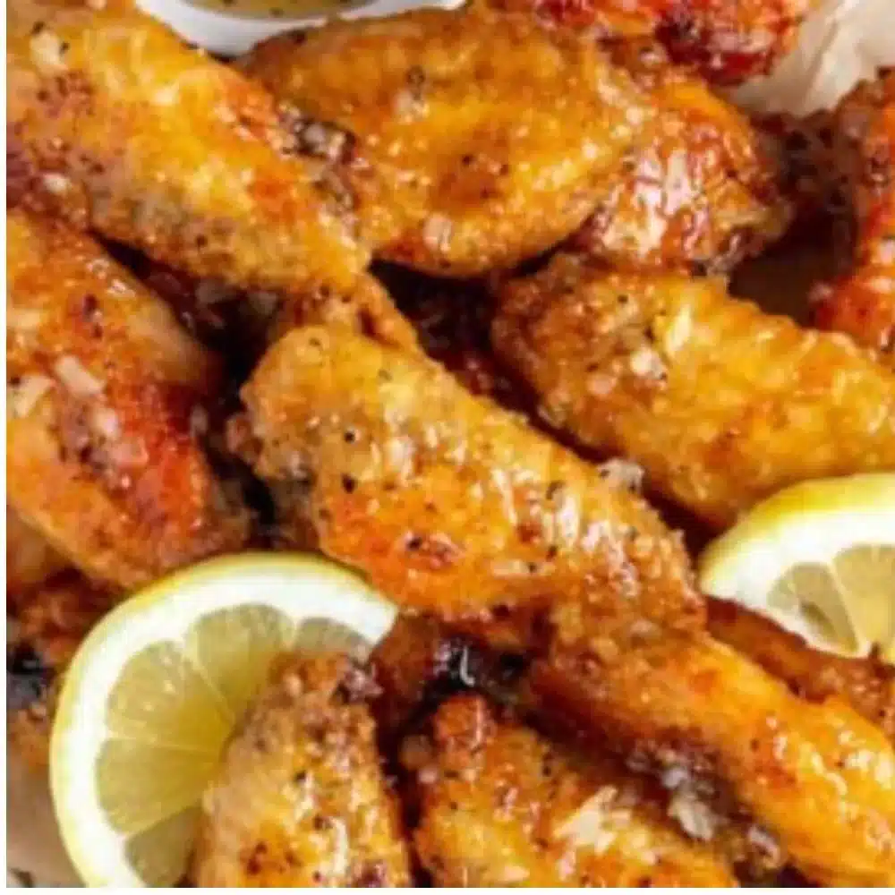 Delicious honey lemon pepper wings garnished with herbs
