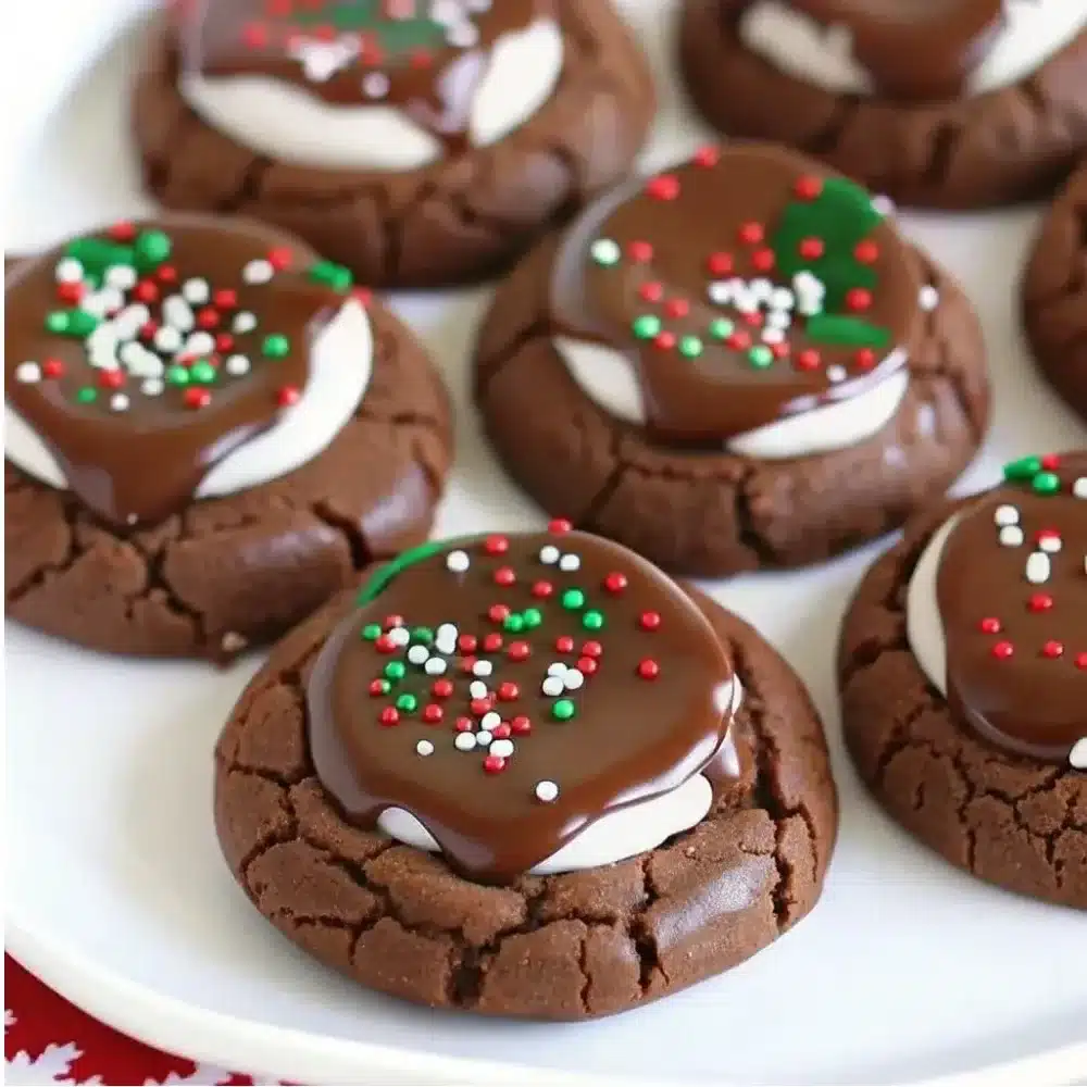 Delicious hot cocoa cookies topped with marshmallows on a festive plate.