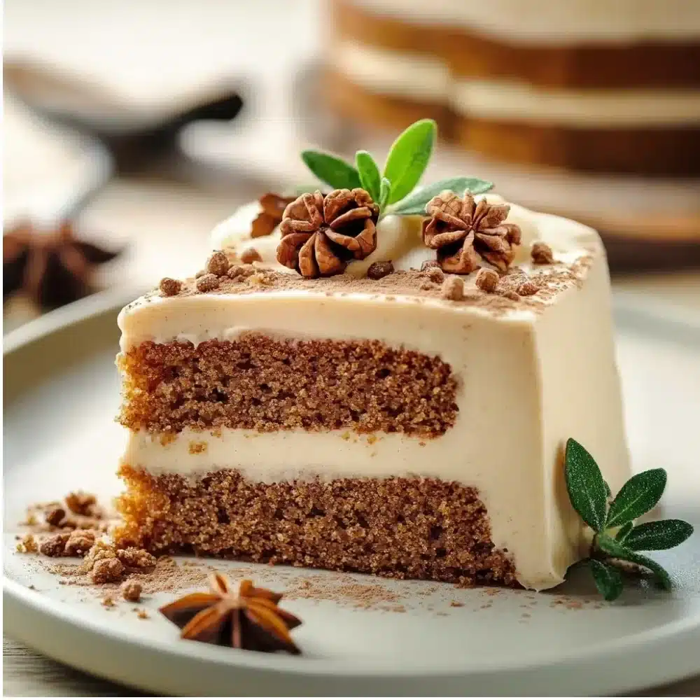A slice of delicious gingerbread cake topped with icing and spices