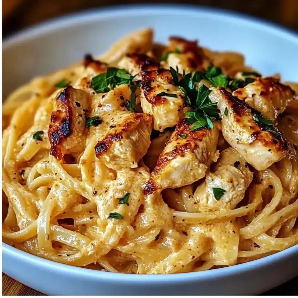 Delicious Cowboy Butter Chicken Linguine served in a bowl with herbs